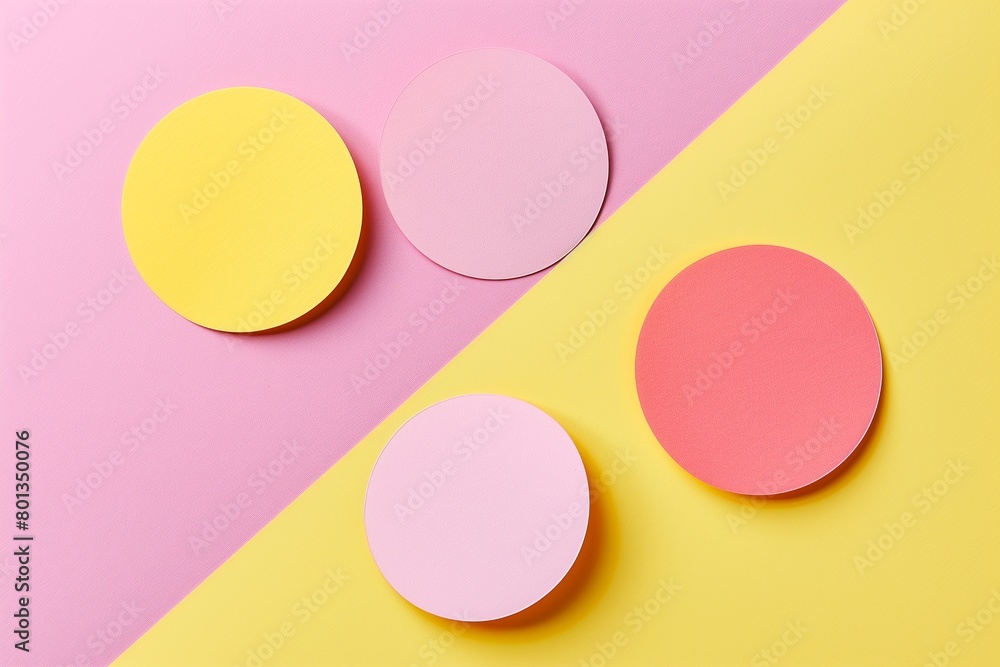 Mockup with pink and yellow round stickers with blank space on a simple minimalist background Mockup with pink and yellow round stickers with blank space on a simple minimalist background