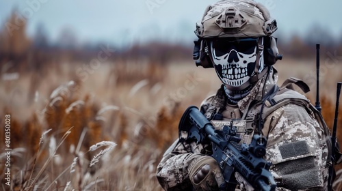 Close up of special forces soldier face with scary skull mask AI generated image