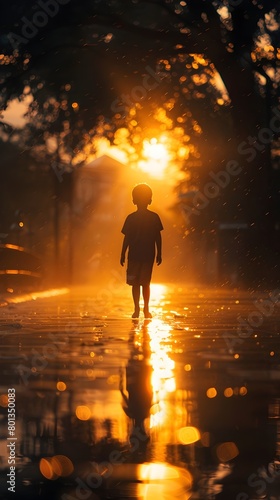 Silhouetted figure against glowing sunrise on wet city pavement