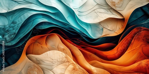 Modern marvelous wallpaper with curved shapes and textures in turquoise, orange and beige tones - artistic digital background design with different layers photo