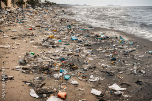 A lot of plastic waste is scattered on the beach, The environment is being destroyed by man, Sea sewage due to human neglect