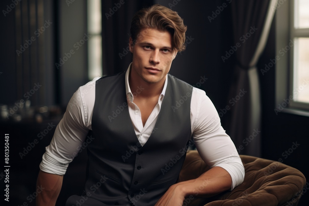 Portrait of a satisfied man in his 20s dressed in a polished vest on modern minimalist interior Portrait of a satisfied man in his 20s dressed in a polished vest on modern minimalist interior