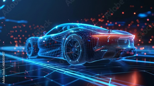3D illustration depicting a futuristic sports car with wireframe intersection, representing advanced automotive technology.