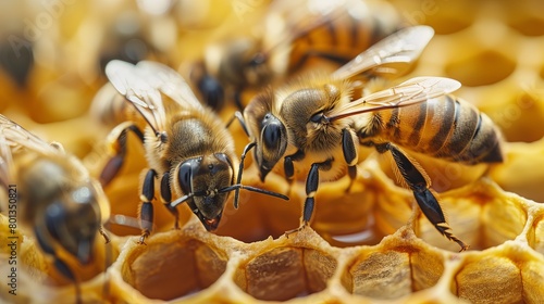Close-up of bees working on honeycomb with honey, blank space for text