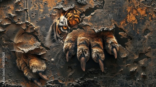 The claws of the tiger hands tore through the iron wall AI generated image