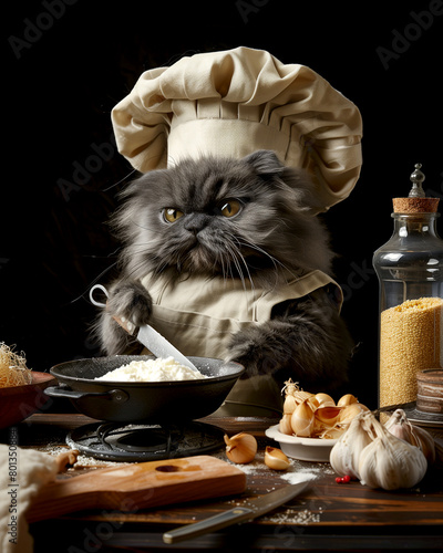 A cat wearing a chef's hat is standing in front of a table with various food ite photo