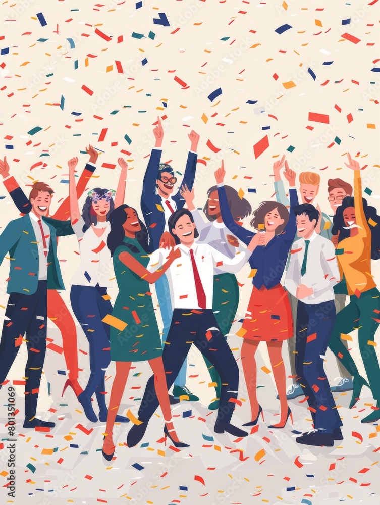 Obraz premium Happy diverse employees team celebrating success business achievement among confetti. 