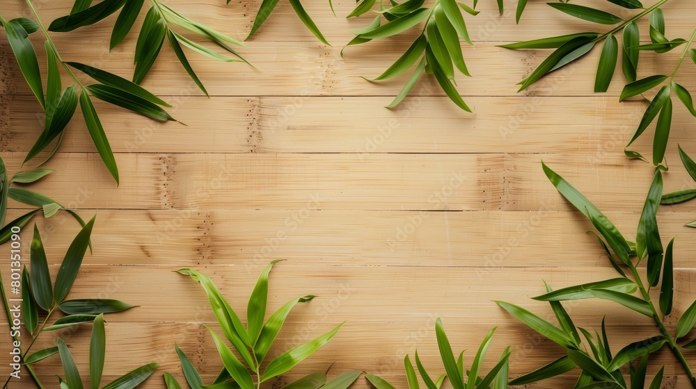 Fresh green bamboo leaves scattered on a light wooden bamboo textured background with a central copy space. Fresh green bamboo leaves scattered on a light wooden bamboo textured background with a central copy space.