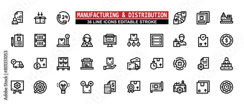 36 Manufacturing and Distribution Line Icons Set Pack Editable Stroke Vector Illustration.