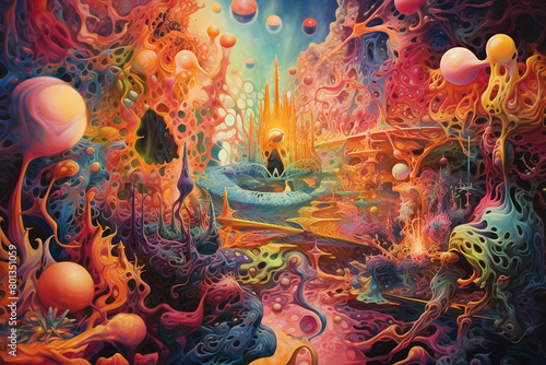 A highly detailed, colorful, and surreal psychedelic painting