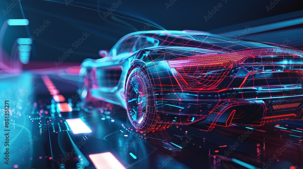 3D illustration showcasing a futuristic car technology concept with wireframe intersection, highlighting innovative design. 3D illustration showcasing a futuristic car technology concept with wireframe intersection, highlighting innovative design.