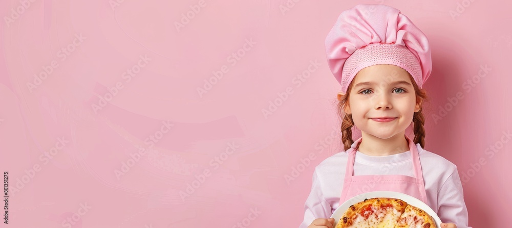 Adorable girl enjoying tasty pizza on soft pastel backdrop, ideal for text placement Adorable girl enjoying tasty pizza on soft pastel backdrop, ideal for text placement