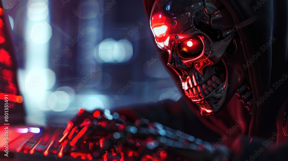 © anis rohayati - Cyborg Metal skull hacker robot with scary red eyes AI generated image © anis rohayati - Cyborg Metal skull hacker robot with scary red eyes AI generated image