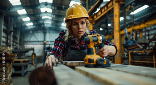 Female carpenter using drill on wood in workshop, woman working with power tool at factory or studio, female worker wearing hard hat and workwear for safety while doing wooden furniture production