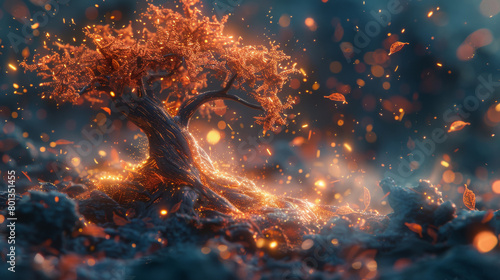 Illuminated fiery tree with falling leaves in a mystical forest  Concept of fantasy  magic  and vibrant life force