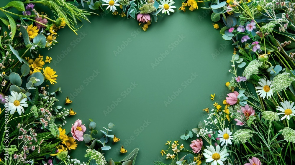 Vibrant floral frame with assorted flowers and butterflies on a green background with copy space in the center.