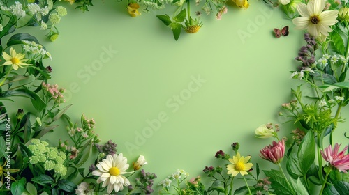 Wallpaper Mural A vibrant botanical border of various flowers and leaves on a light green background with copy space. Torontodigital.ca