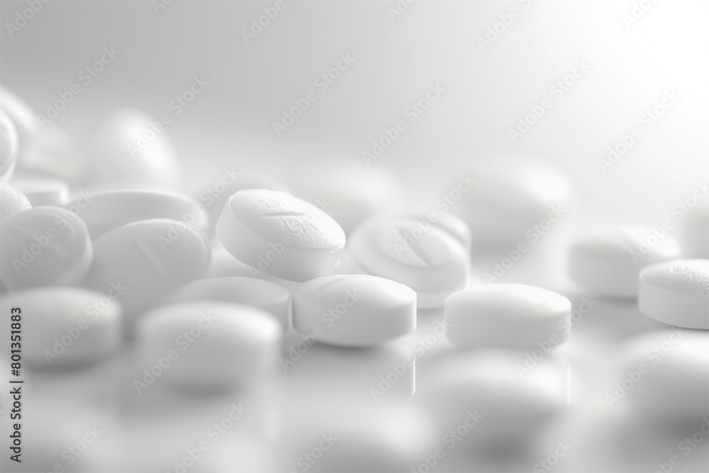 Magazine photography style featuring a cascade of white pills against a blurred white background Magazine photography style featuring a cascade of white pills against a blurred white background
