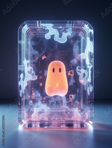 The image shows a glowing orange ghost-like creature contained within a glass or crystal cube. photo