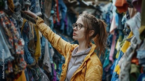 woman buying recycled clothes, ecological, sustainability hyper realistic  photo