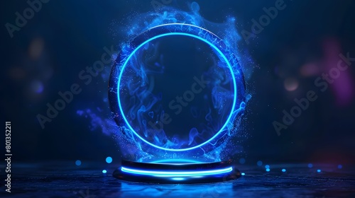 Blue hologram portal. Magic fantasy portal. Magic circle teleport podium with hologram effect. Abstract high tech futuristic technology design. Round shape. Circle Sci-fi element light and lights. photo