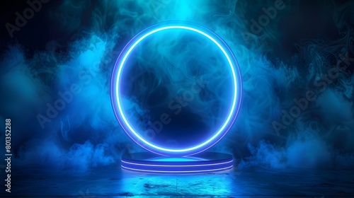 Blue hologram portal. Magic fantasy portal. Magic circle teleport podium with hologram effect. Abstract high tech futuristic technology design. Round shape. Circle Sci-fi element light and lights.
