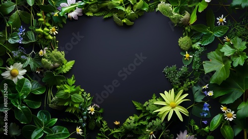 Wallpaper Mural A vibrant frame of assorted green leaves and colorful flowers on a dark background with central copy space. Torontodigital.ca