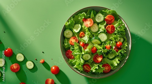 Assiette de salade color  e avec des tomates  des concombres et de la laitue sur un fond vert  vue de dessus. 