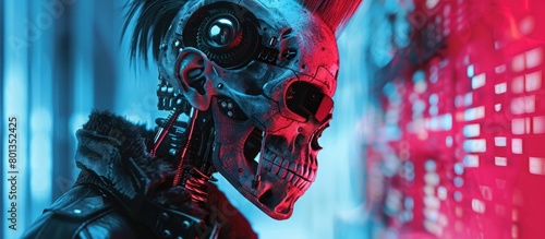 Skull head robot style with modern futuristic cyberpunk mohawk hair AI generated image photo