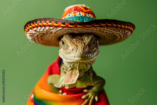 A mexican lizard wearing a traditional sombrero hat and mexican outfit