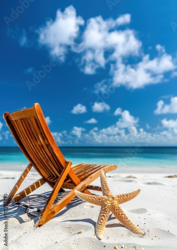 Une chaise longue en bois sur une plage de sable avec des étoiles de mer, illustrant un concept de vacances d'été à la mer, image avec espace pour texte.