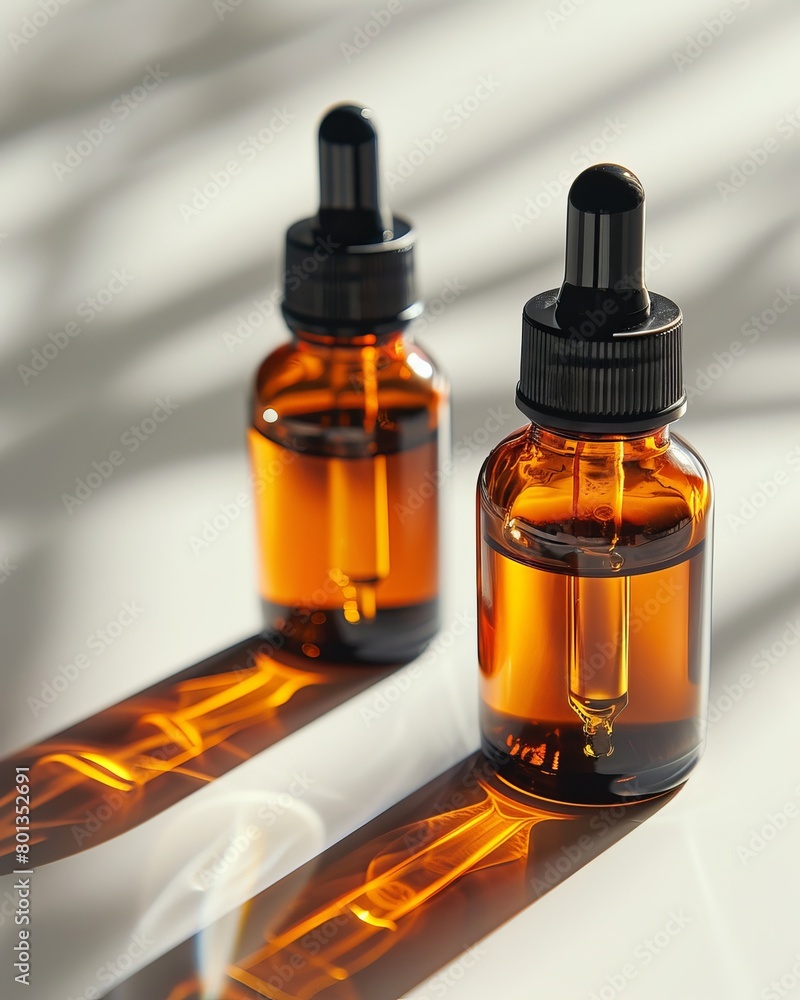 Skincare serum bottles, close-up, white backdrop, bright direct light, focus on translucent textures, high resolution DSLR Skincare serum bottles, close-up, white backdrop, bright direct light, focus on translucent textures, high resolution DSLR