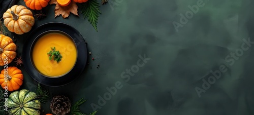 Un bol de soupe de potiron sur une assiette noire  entour   de petites citrouilles et de feuilles sur un fond en ardoise  image avec espace pour texte.