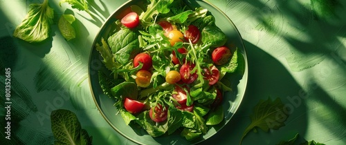 Assiette de salade avec tomates, vue de dessus.  photo