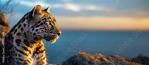 Portrait d'un léopard de profil regardant à droite, ciel et mer en arrière-plan, image avec espace pour texte. photo