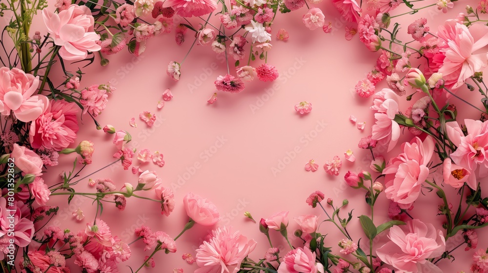 Elegant floral arrangement on a soft pink background with a mix of pink flowers and petals.
