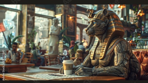 Sphinx contemplates a crossword in a lively, urban coffee shop, high detailed