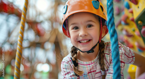 Cute girl smiling and wearing a helmet, climbing on a rope in an adventure park. Concept of a family activity, outdoor sport or trekking activities for kids. © Kien