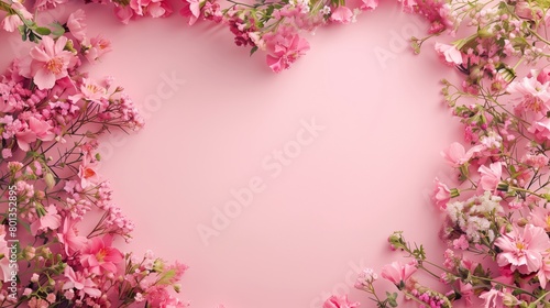 Elegant floral frame of pink flowers and green leaves against a soft pink background with copy space.