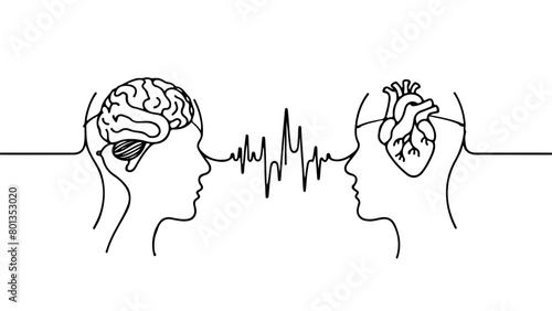 A continuous line drawing of a human brain connected to a human heart
