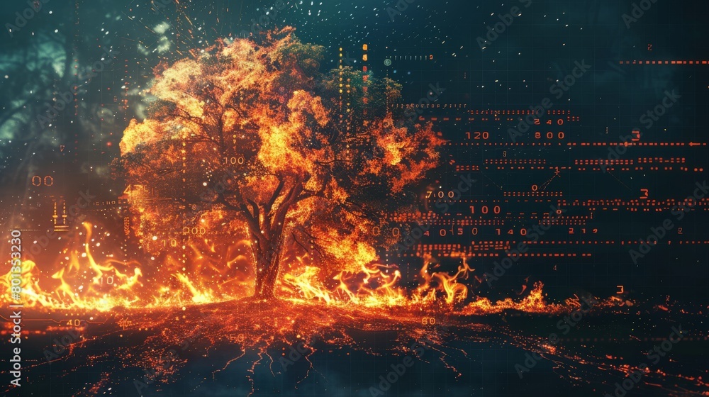 Burning tree in a digitalized setting, symbolizing the clash of nature and the digital age. Art meets tech