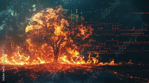 Burning tree in a digitalized setting, symbolizing the clash of nature and the digital age. Art meets tech