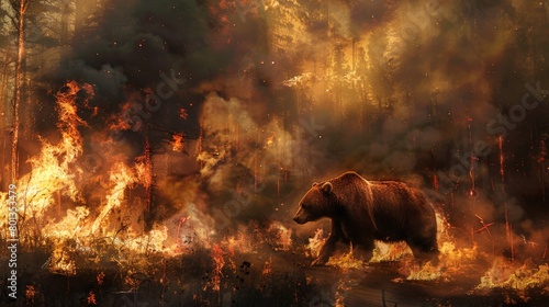 Bear wandering through a fiery landscape, a symbol of endurance amidst environmental adversity photo