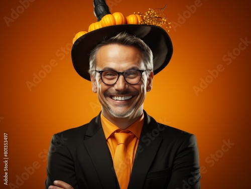 This is a photo of a man wearing a witch hat. He is smiling and has his arms crossed. The background is orange. The man is wearing glasses and has a mustache. photo