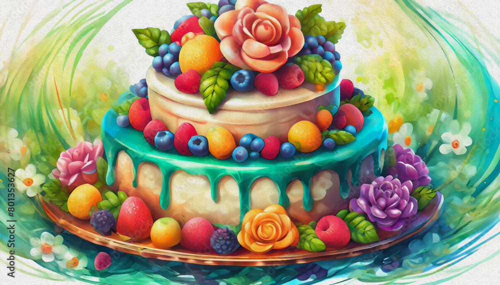oil painting style CARTOON CHARACTER CUTE A wedding cake covered in whipped cream and decorated with flowers.,