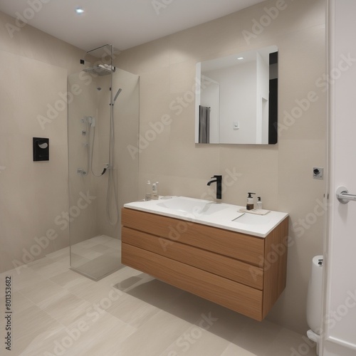 Rectangle master bedroom bathroom  beige wallpaper on walls  two independent rectangle mirrors  natural teak wood furniture  calacatta marble cover  two round ceramic sinks  black mixer taps  next to 