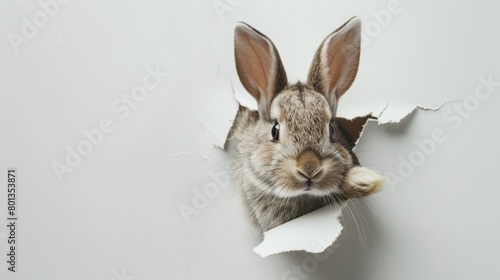 A charming rabbit pokes its head through a torn white paper, eyes filled with curiosity and mischief.