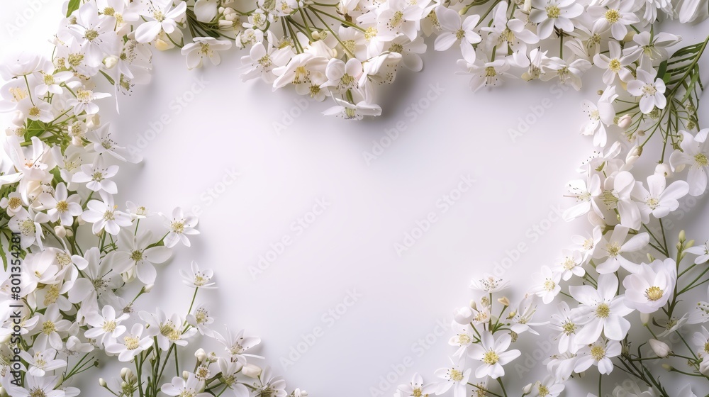 Elegant frame of white flowers and buds on a soft gradient background with copy space at the center. Elegant frame of white flowers and buds on a soft gradient background with copy space at the center.