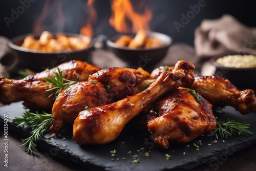 'roasted barbeque chicken legs slate grilled bar-b-q food leg meat grill meal dinner cooked background poultry epicure delicious black lunch drumstick fried spicey roast top view cooking sauce hot'