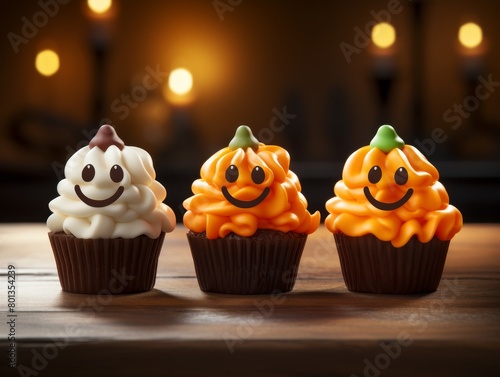 Three Halloween cupcakes with white, orange, and yellow frosting